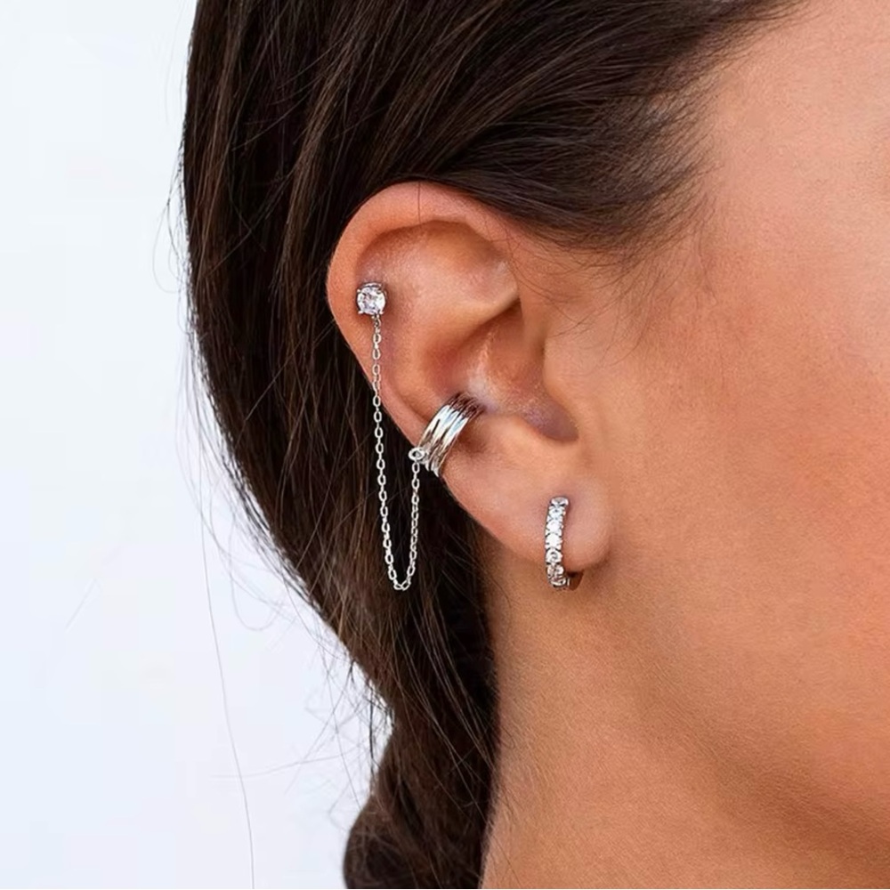 CZ Stud and Cuff Chain Earrings Stainless Steel - Picture 4 of 5